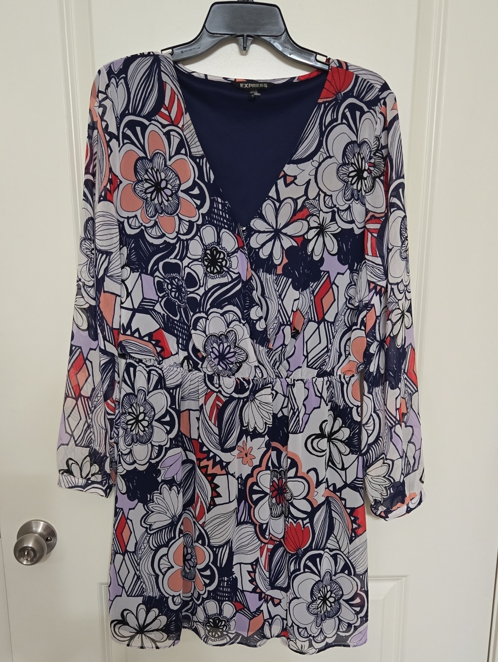 Express Navy Floral V-Neck Dress  with Coral & Lavender Accents